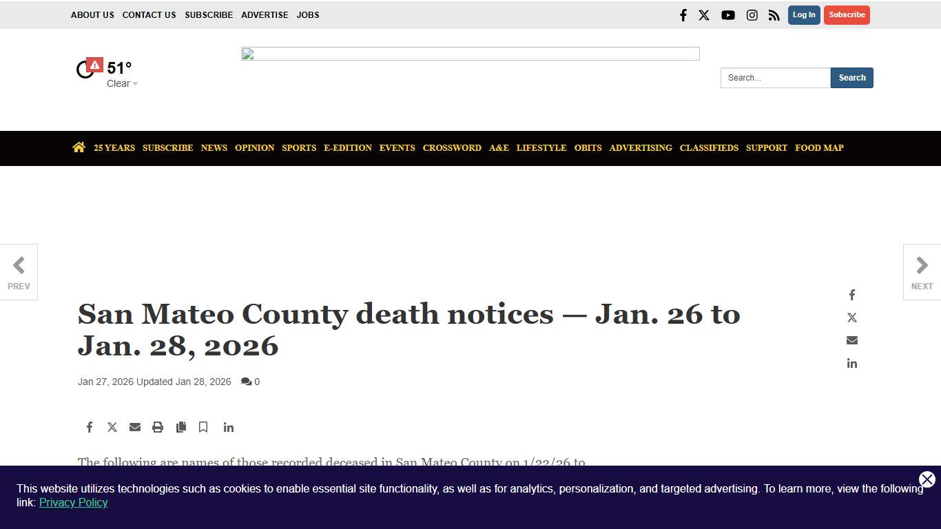 San Mateo County death notices — Jan. 26 to Jan. 28, 2026 Local News smdailyjournal.com