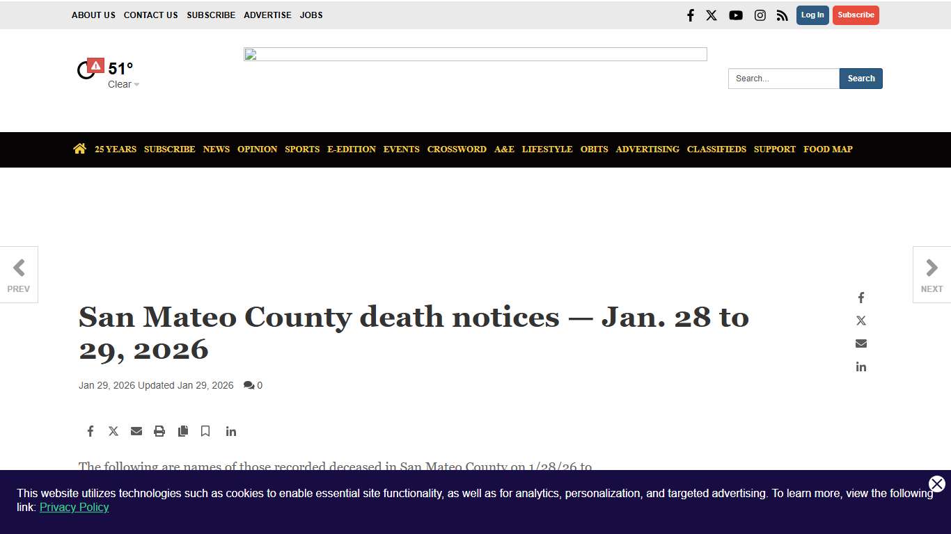San Mateo County death notices — Jan. 28 to 29, 2026 Local News smdailyjournal.com